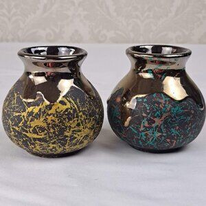 Set of 2 Small Pottery Vases with a Dripped Gold Glazed Rim